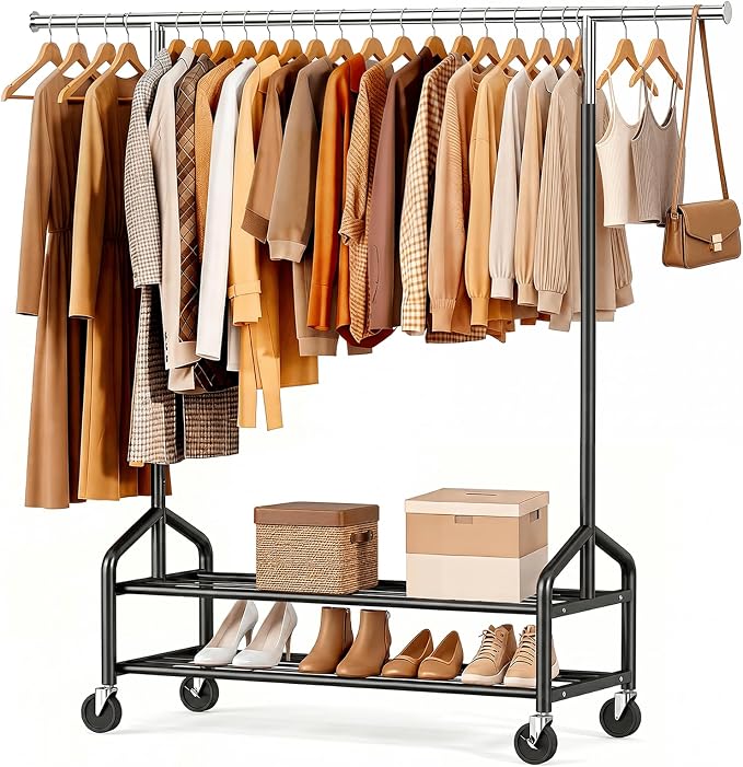Heavy Duty Clothes Rack, Rolling Clothing Rack Load 650 LBS for Hanging Clothes with 2 Sturdy Shelves, Metal Garment Rack with Wheels for Bedroom, Retail Store, Silver-Black, Large