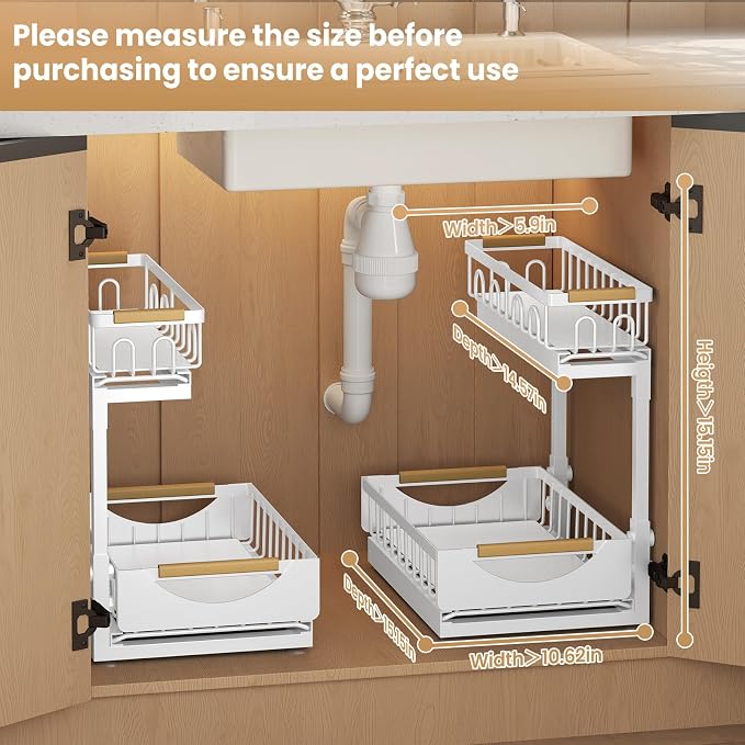 Under Sink Organizer and Storage 2 Tier Cabinet Pull Out Shelf Organizers | 2 Pack 2 Tier under sink storage for Bathroom and Kitchen Slide Out Drawer Organization for Home Cabinets Shelves and Drawers