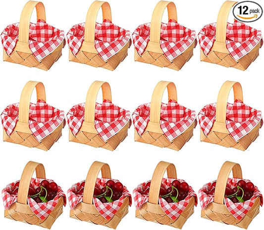 12 Pcs Summer Mini Woven Picnic Basket Party Favor Red White Gingham Paper Napkins Wood Chip Mini Flower Fruit Picnic Basket Chip for Summer Wedding Party Baby Shower Decoration (Medium)