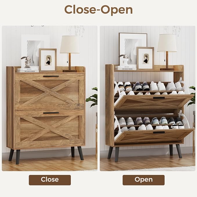 Homleke Farmhouse Shoe Storage Cabinet with Flip Drawers & Barn Door Design | Slim Narrow Shoe Rack Cabinet with Adjustable Shelves & Hidden Storage for Entryway, Hallway, Living Room, Rustic Walnut