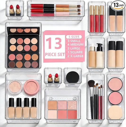 13 Pcs Desk Organizer Tray for Makeup, 5 Sizes Vanity Makeup Drawer Organizer Set, Non-Slip Desk Drawer Organizer Trays for Bathroom, Bedroom, Office, Fits Jewelry