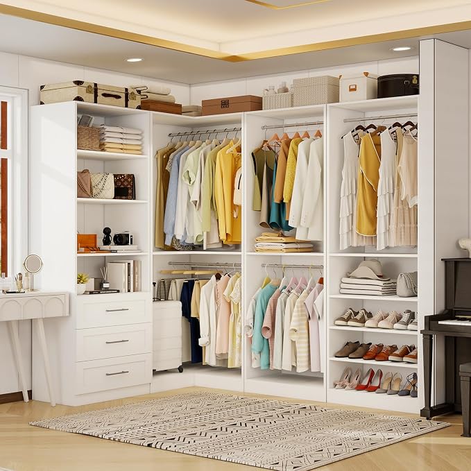Closet Organizer System of 4 Sets with 3 Drawers, 9 Hanging Rods & 8 Shelves, 157" Walk in Closet System, Corner Closet Organizer, Modular Standalone Closet, White