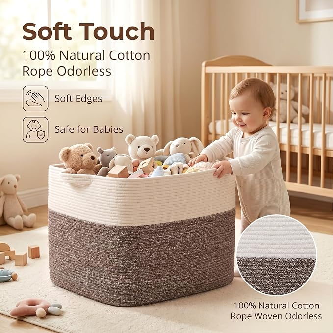 OIASKET 108L Cotton Rope Storage Basket for Living Room and Bedroom 25"x16"x16" Woven Laundry Basket, Heavy Duty Bin for Blankets, Pillows & Toys, Pet-Safe & Scratch-Free, Dark Brown and White