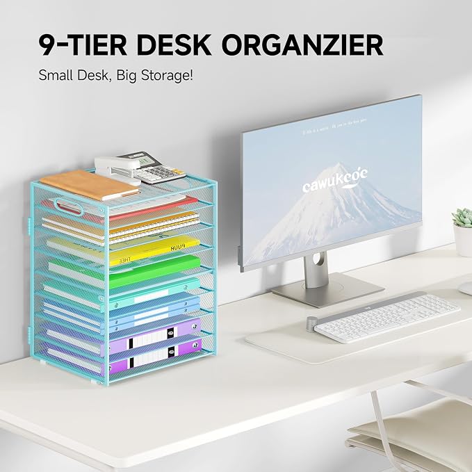 Cawukege 9 Tier Paper Organizer with Handle, Large Capacity Desk Organizer Mesh Paper Letter Tray File Folder Document Sorter for Classroom and Office Accessories Organization- Blue (2 Pack)