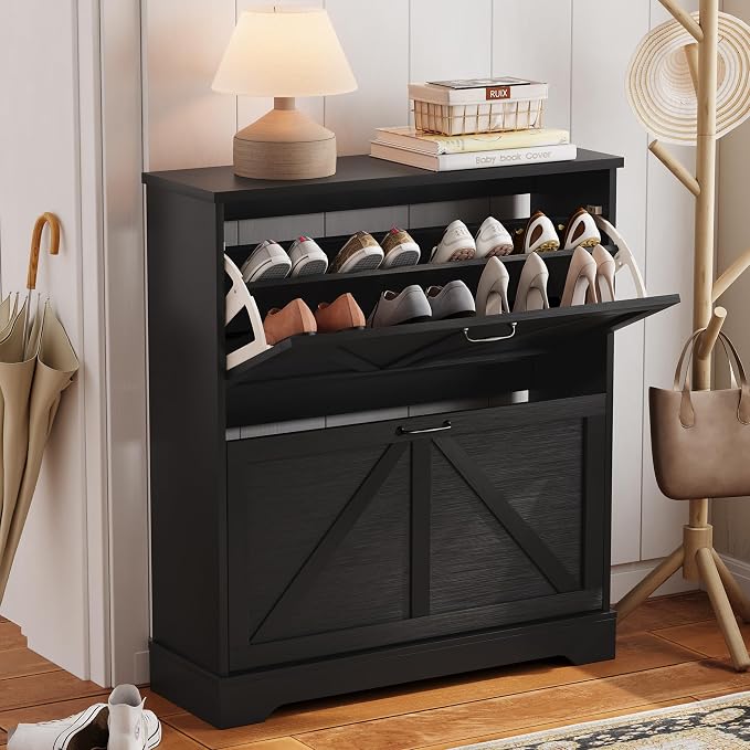 Semiocthome Farmhouse Shoe Storage Cabinet with 2 Flip Drawers, 31.5"(W) Freestanding Shoe Organizer with Barn Door and Metal Handles for Entryway, Corner Rustic Narrow Shoe Rack Cabinet - Black