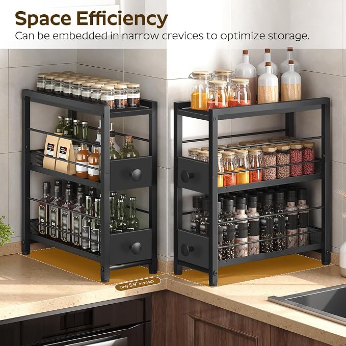 Spice Rack, 3-Tier Pull Out Spice Rack Organizer for Countertop, Narrow Kitchen Countertop Storage Shelf with 2 Drawers, for Kitchen, Cafe, Black SR02BB
