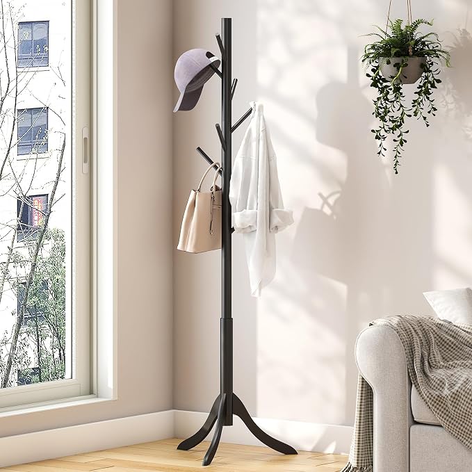 kiplant Black Coat Rack Stand, Bamboo Wood Freestanding Coat Tree with 8 Hooks, Hallway Entryway Hat Hanger Organizer Standing for Bedroom, Office, Clothes, Jackets, Bags, Umbrallas