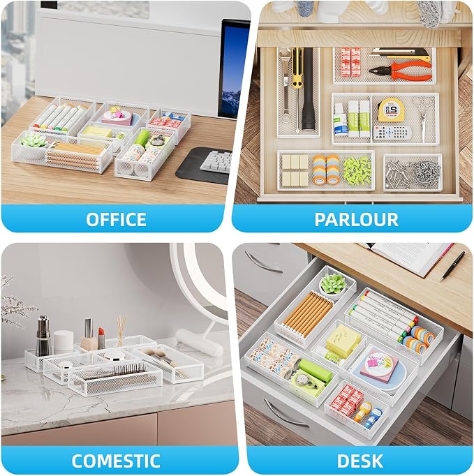 Marbrasse 5 Pack Desk Drawer Organizer Set, Mesh Drawer Storage Trays with 1 Adjustable Divider, Desk Organizers and Accessories, 5 PCS Drawer for Office Supplies, Makeup & Vanity (White)