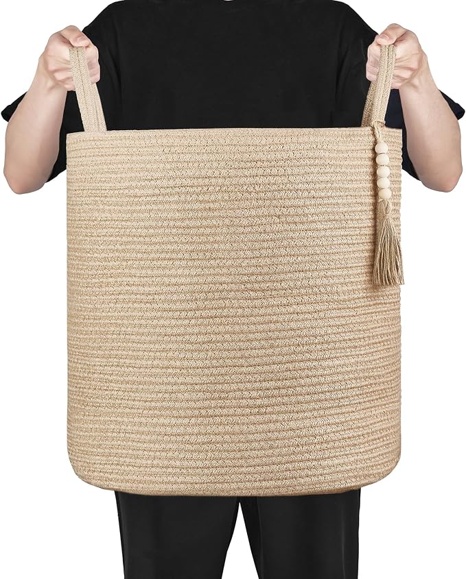 Mkono Tall Wicker Laundry Basket Woven Storage Basket Decorative Natural Rope Basket Wooden Bead Decoration for Blankets,Toys,Clothes,Shoes,Plant Organizer Bin with Handles Living Room 15"Wx17.7"L | Brown, Jute, Decorative Basket with Handle, Wood Bead...