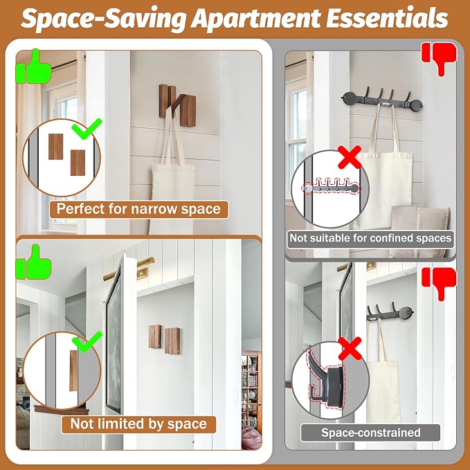 Wood Wall Hooks for Bathroom: 4Pack Foldable Rustic Decor Hangers | Heavy Duty Coat Hooks for Hanging Towels Backpack Jacket - Space Saving Minimalist Design for Aesthetic Homeowners