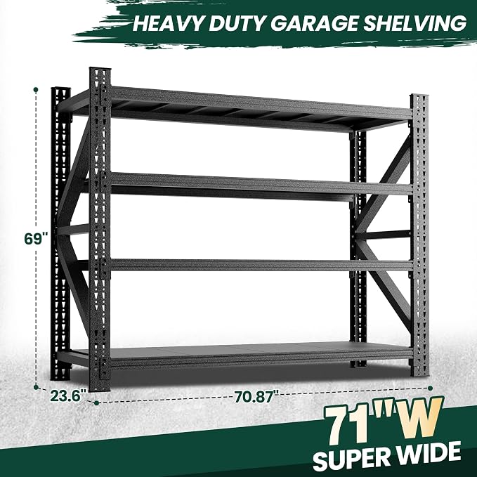 Heavy Duty Garage Storage Shelves, 71" Wide Metal Shelving Unit, 6000LBS Capacity, 4-Tier Adjustable Industrial Rack for Warehouse Basement Shop, 71" W x 24" D x 69" H