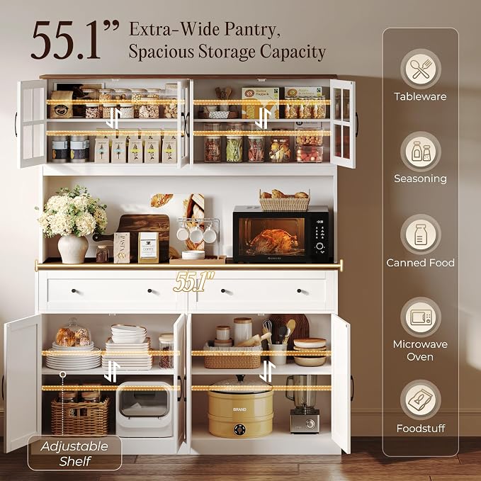 71''H x 55.1''W Pantry Cabinet with Charging Station, 4 Wide Cabinets Kitchen Pantry with 2 Drawers, Farmhouse Hutch Storage Cabinet, Tall Coffee Bar, Acrylic Door, Adjustable Shelves, White