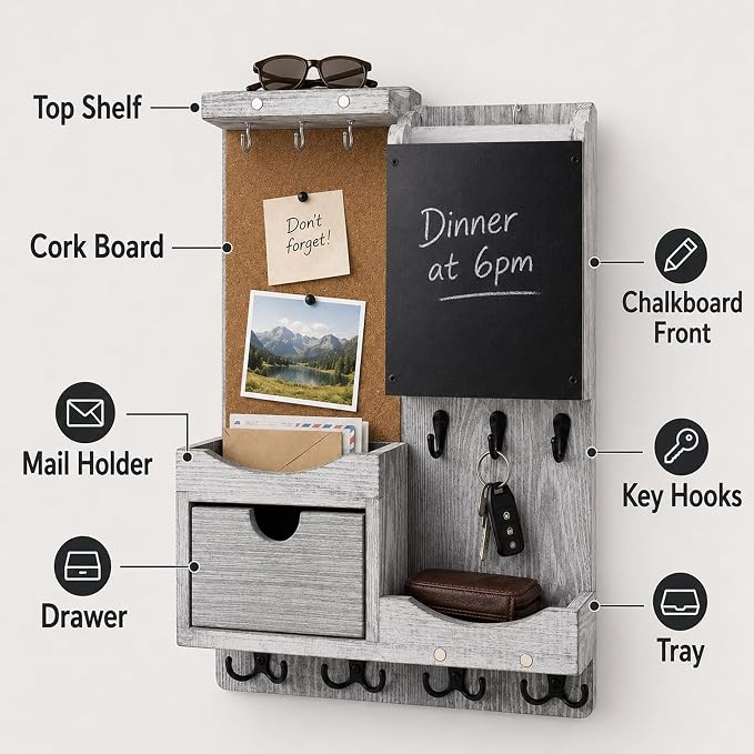 Key Holder Wall Mount， Mail Organizer Key Holder for Wall with Shelf, Drawer, Chalkboard, Corkboard, Home Decor Wall Mounted for Room Entryway(Grey)