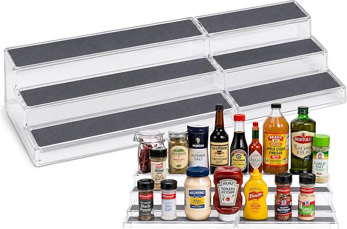 Oizeir Expandable Spice Organizer Rack - 3-Tier - Clear Adjustable Tiered Shelf Spices Organization for Kitchen Cabinet and Pantry Storage