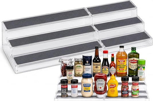 Oizeir Expandable Spice Organizer Rack - 3-Tier - Clear Adjustable Tiered Shelf Spices Organization for Kitchen Cabinet and Pantry Storage