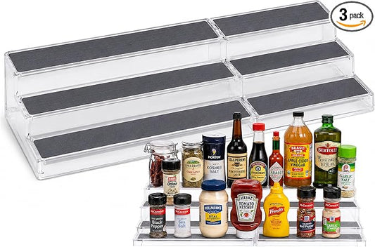 Oizeir 3-Tier Expandable Spice Rack Organizer for Cabinet, White/Grey | Expandable Plastic Spice Rack Organizer, Adjustable Length 3 Tiers, Non-Skid Shelf, Cabinet Pantry Countertop, White/Grey