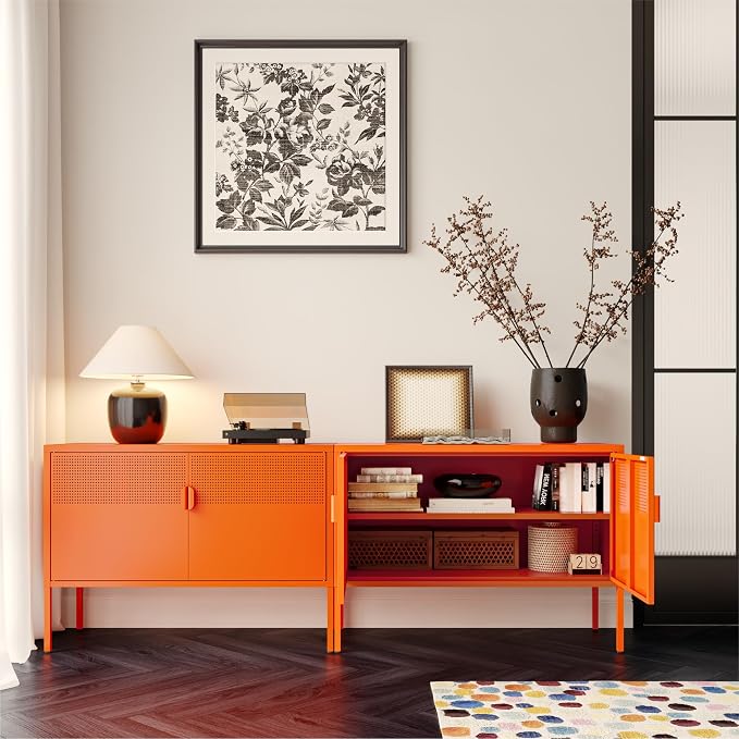 COFaR TV Stand for TVs up to 75 Inch, 40''L Media Console with Ventilation Doors, Metal Entertainment Center with Adjustable Shelves & 120Lbs Storage for Living Room & Bedroom, Orange