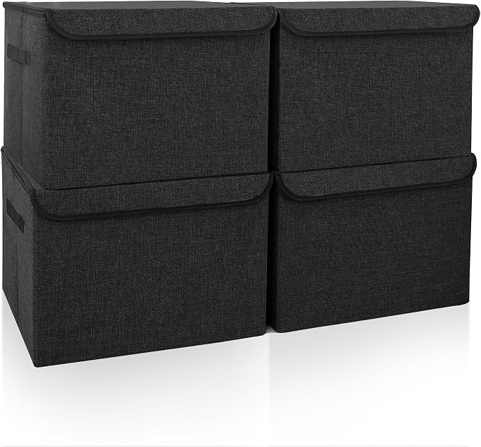 Bagnizer Large 22 Quart Linen Fabric Foldable Storage Bin Cube Organizer Basket with Flip-Top Lid & Handles, Clothes Blanket Box for Home, Office, Closet, Black, 4 Pack 14.6 x 9.5 x 9.5”