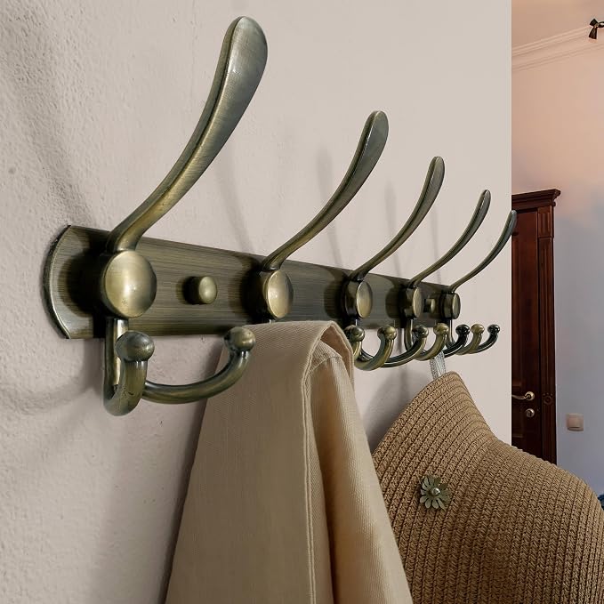 Dseap Coat Rack Wall Mounted - 5 Tri Hooks, Heavy Duty, Stainless Steel, Metal Coat Hook Rail for Coat Hat Towel Purse Robes Mudroom Bathroom Entryway,Bronze