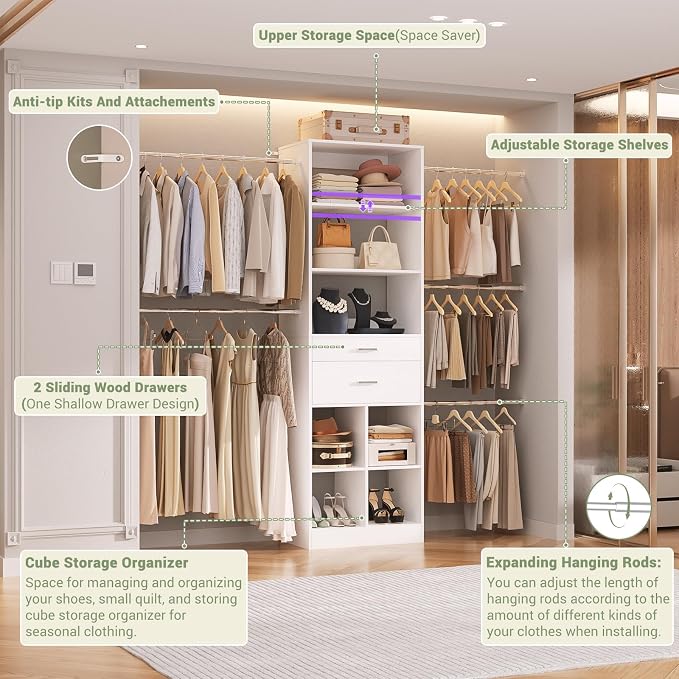 Besiost Closet System, 4-8 FT Closet Organizer Tower with 2 Wooden Drawers and Shelves, Can Fit 60 to 96 inch Walk-in Closet System with 5 Hanging Rods, Built-in, White