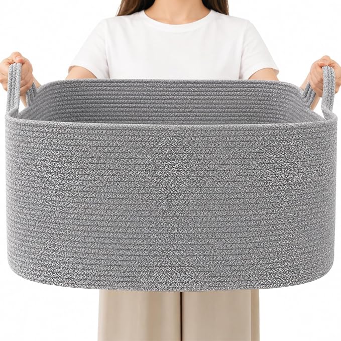 96L XXXLarge Woven Laundry Basket with Sturdy Handles - Grey | Machine washable,Space-Saving Collapsible Design,Cotton rope, blanket basket living room,for toys clothes nursery bathroom