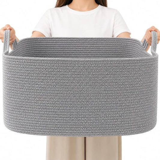 96L XXXLarge Woven Laundry Basket with Sturdy Handles - Grey | Machine washable,Space-Saving Collapsible Design,Cotton rope, blanket basket living room,for toys clothes nursery bathroom