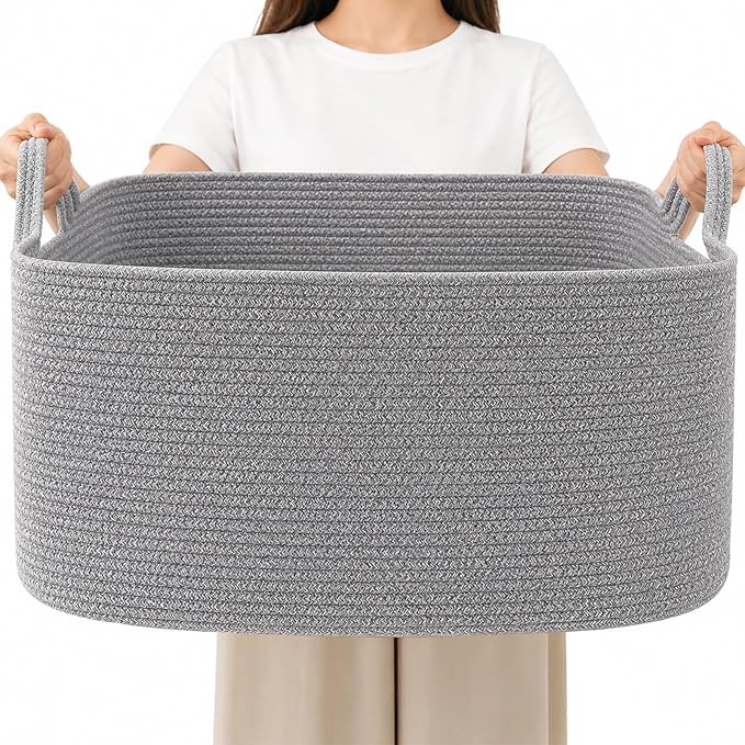 65L Collapsible Woven Rope Laundry Basket with Handles, Grey | 21x16x12 Foldable Rectangular Blanket Basket for Toys, Clothes & Pillows,Ideal for Nursery, Bathroom, Bedroom, Living Room