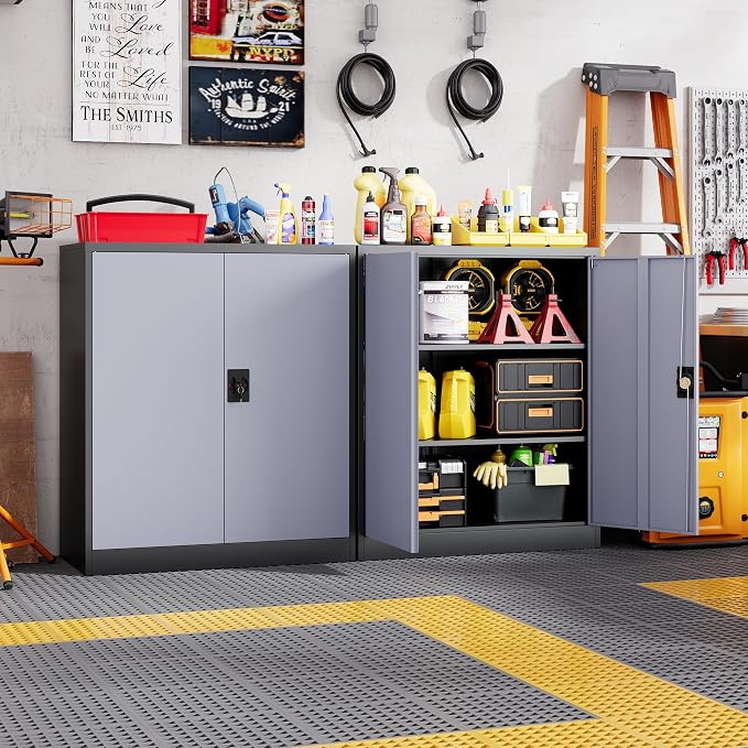 Letaya Metal Storage Cabinets with Lock Door,2 Adjustable Shelves Organizer Steel Storage Cabinets for Home,Office,Warehouse,Garage,Employee Lockers(Black Gray)