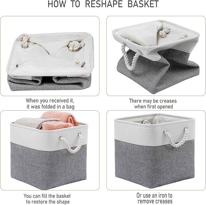 MidmmVick 13 x 13 Inch Cube Storage Bins, 6 Pack Extra Large Collapsible Fabric Storage Bin with Ropes, Foldable Storage Cubes for Home (White & Grey-13"x13"x13")