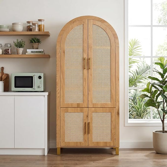 Merax 71" Arched Bookcase,Tall Pantry Storage Cabinet with Shelf Doors | Farmhouse Bookshelf with Rattan Doors Built-in Racks for Home Office,Kitchen,Dining Room,Oak