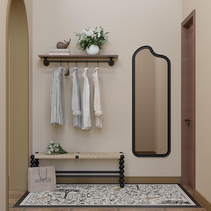 Clothes Rack 42in, Wall Mounted Garment Rack with Real Walnut Wood Shelf, Heavy Duty Hanging Clothes Rack, Multi-Purpose Hanging Rod, Space-Saving Closet Storage