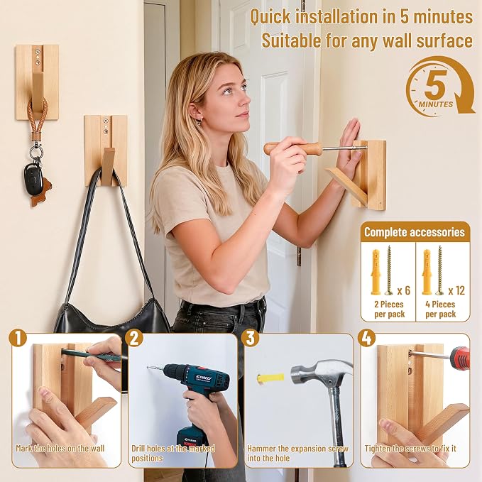 Wall Hooks for Small Space: 2Pack Foldable Wood Natural Coat Hooks | Hangers for Limited Spaces - Hanging Towel Backpack Bags Jacket - Space Saving Minimalist Design for Aesthetic Homeowners