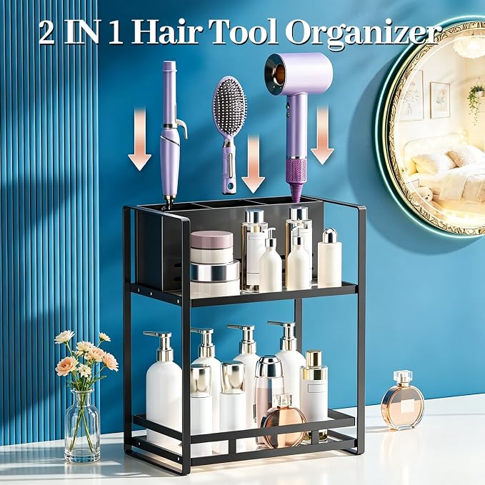 Bathroom Counter Organizer, Metal Vanity Shelf with Hair Dryer Holder | 2-Tier Hair Tool Organizer, Large Capacity Space-Saving, For Perfume,Skincare & Makeup Storage, Black