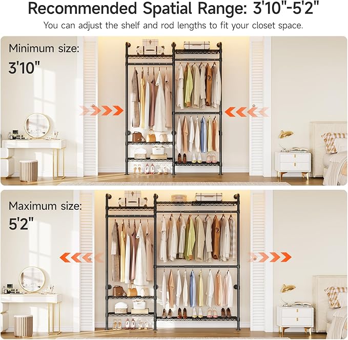 H2 Plus Expandable Wall Mounted Closet System, 3.8FT-5.1FT Closet Organizer with Telescopic Shelves & Adjustable Rods, Industrial Pipe Clothing Rack for Walk-in & Reach-in Closet (Black)