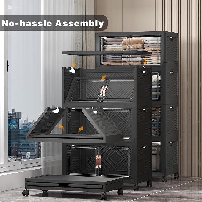UAMFURI Stackable Storage Bins, 480QT Collapsible Drawers with 1 Lid | Large Capacity, Magnetic Door, Stack Lock, Rolling Wheels, Foldable Design, Organizers and Storage for Bedroom Dorm Garage