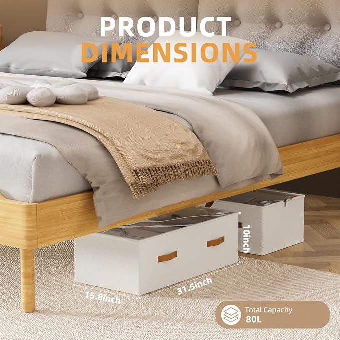 FHSQX 4 Pack Under Bed Storage Bins,10 Inch Tall,White, 31.5x15.8x10 inch | Clear Window, For Closet, Bed Sheets and Blankets