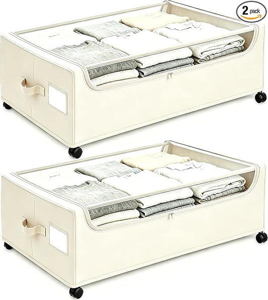 Under Bed Storage with Wheels, 2-Pack Under the Bed Storage Containers with Clear Lids & Label, Underbed Storage Bins, XXXL 85L 11 inches Rolling Metal Drawer for Clothes, Shoes, Toys, Books - Beige