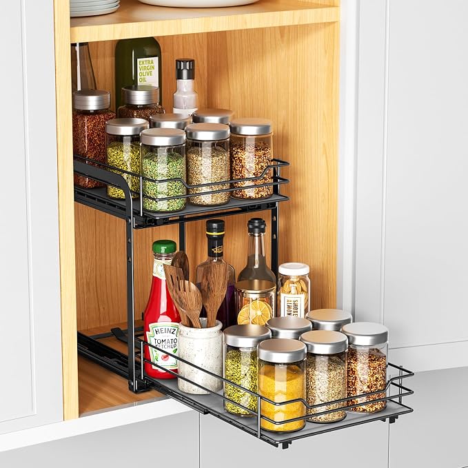 RCHYFEED 2 Tier Pull Out Spice Rack for Cabinet,7.5" Wx10.5 Dx9.5 H | Height Adjustable Spicy Shelf Metal Slide Out Spice Rack Heavy Duty Vertical Spice Shelf for Inside Cabinets & Pantry