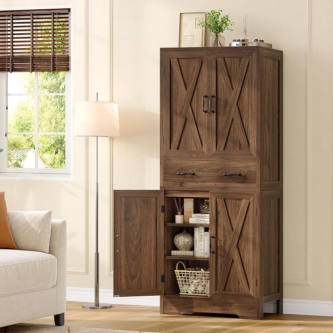 TEENFON Tall Storage Cabinet with 2 Adjustable Shelves & 1 Large Drawer, Kitchen Pantry Cabinet with 4 Doors, Bathroom Storage Cabinets, for Living Room, Kitchen, Bathroom, Walnut