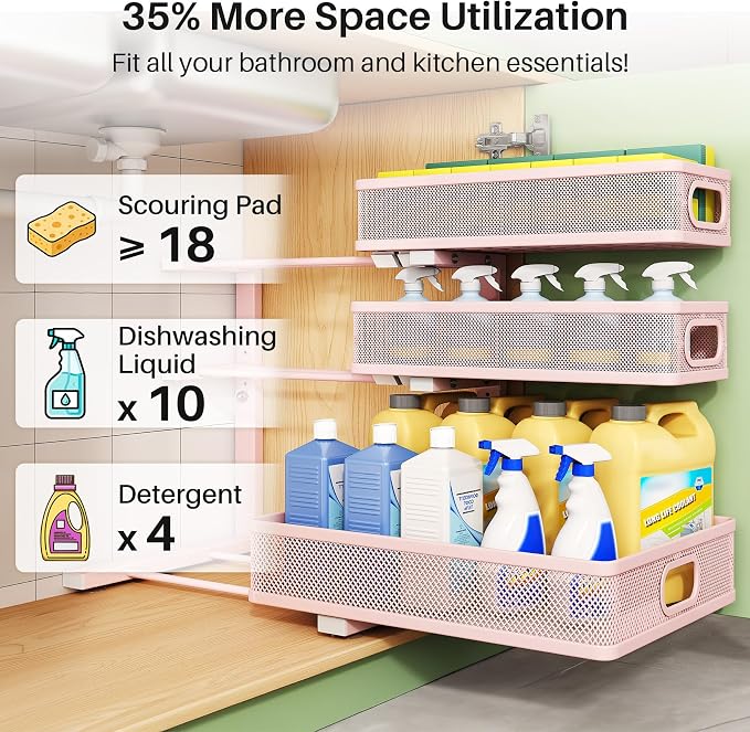 Kitstorack Under Sink Organizer, 1-Pack 3-Tier Height Adjustable Thickened Metal Pull out Cabinet Organizer Shelf, Slide out Storage Drawer Rack for Bathroom Kitchen Pantry Home Organization, Pink