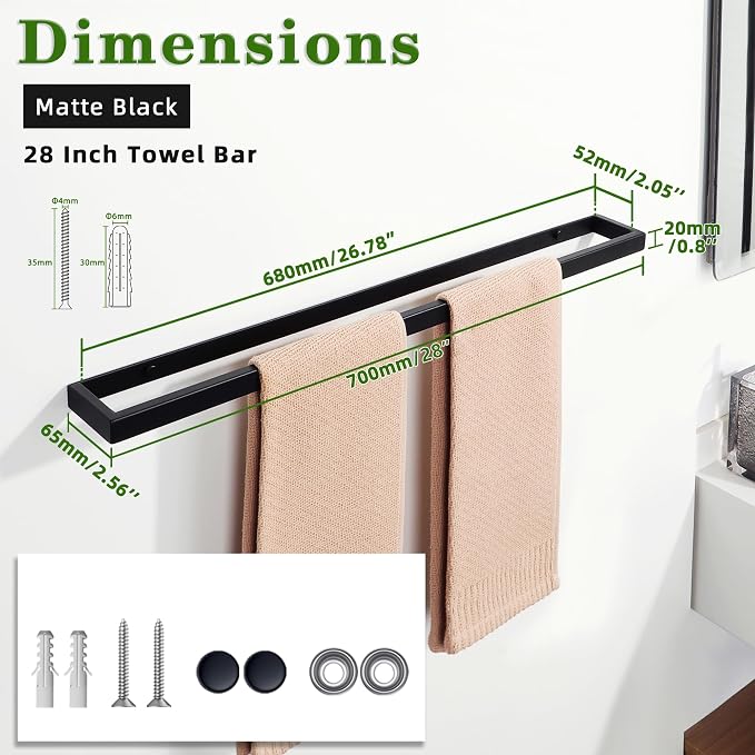 Alise 28 Inch Hand Towel Holder Black Towel Bar for Bathroom Wall Mounted | Towel Hanger Towel Rack for Bathroom Lavatory,SUS304 Stainless Steel Towel Rail for Bath Kitchen, Non-adhesive Mount