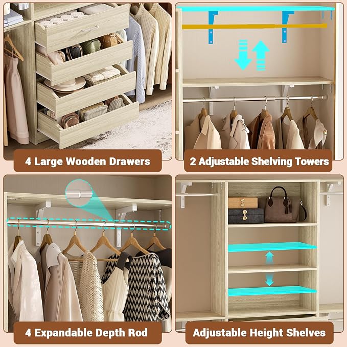 Aheaplus Closet System with 4 Drawers, 8FT Wood Closet Organizer System, 96’’ Closet Built In System Tower with Shelves, Walk-in Closet Wardrobe Clothes Garment Rack, Fits Spaces 4-9 ft, White Oak