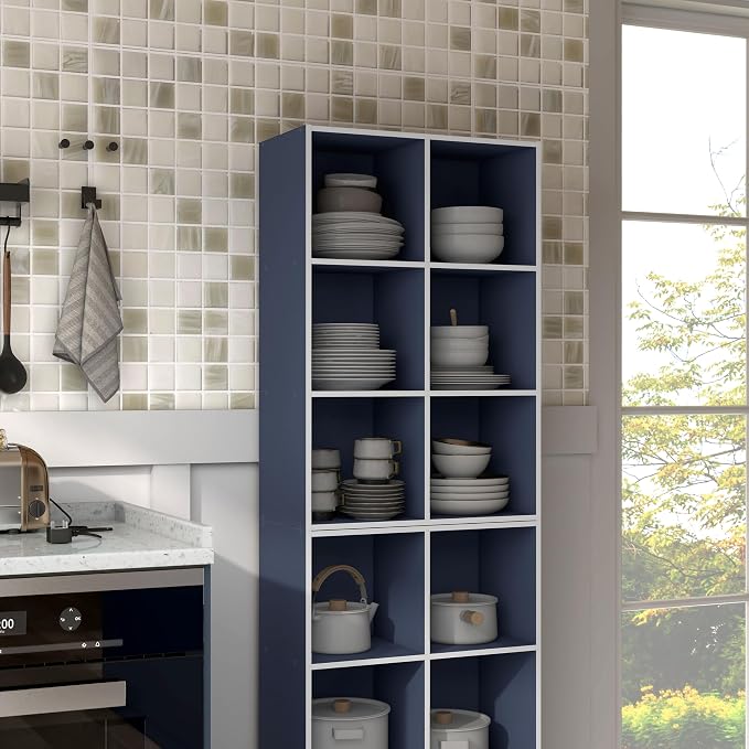 Homes: Inside + Out Apexa 6-Cube Storage Organizer Shelves, Stackable Wood Bookcase Fits Cubby Bins for Organization, Dorm Teen Room Decor & Home Office, Steel Blue