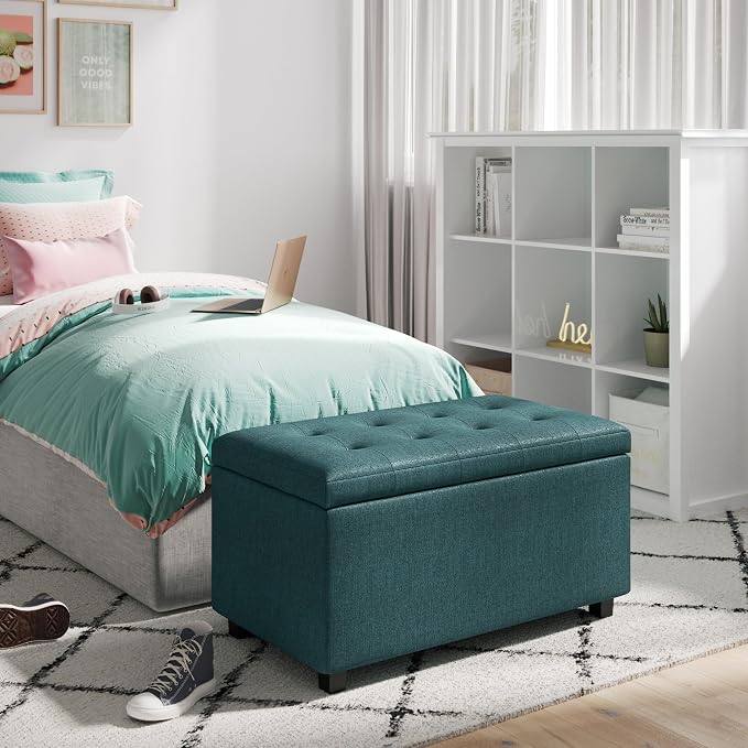 SIMPLIHOME Cosmopolitan 34" Wide Vegan Leather Storage Ottoman in Brown | Modern/contemporary storage ottoman with tufting and lift-up lid; rectangle storage bench for living room or entryway.