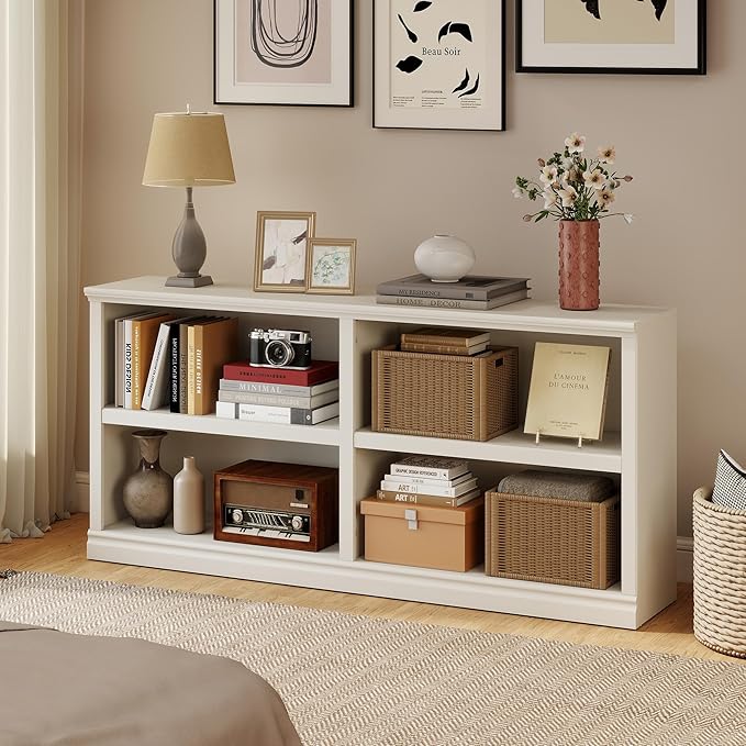 64" W Double Wide Horizontal Bookshelf, 2 Tiers 4 Storage Cube Book Case | Open Shelf Bookcase, Display Cabinet Organizer Indoor Furniture, Home Library Office, White, Adjustable Shelf