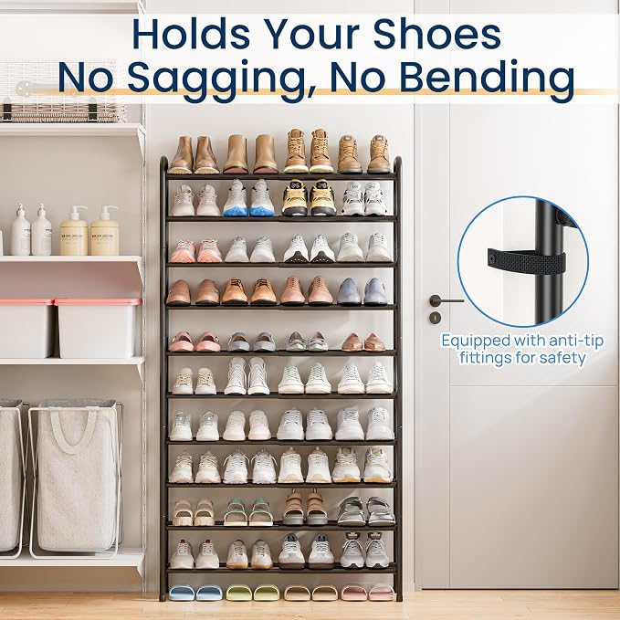ENJOYBASICS Expandable Shoe Rack, 32.4'' Wide - 10 Tier Adjustable Shoe Organizer Shelf for Closet, 40 Pairs Black Metal Free Standing Shoe Rack Storage for Garage, Entryway