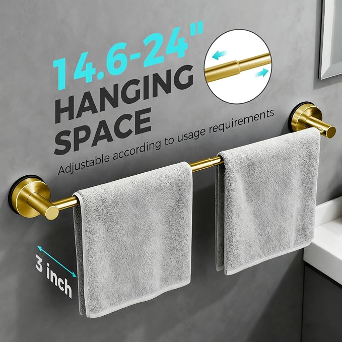 Adjustable Suction Cup Towel Bar for Bathroom Wall,14.6Inch~24 Inch Towel Racks for Bathroom,Stainless Steel Bath Towel Holder for Shower(Brushed Gold)