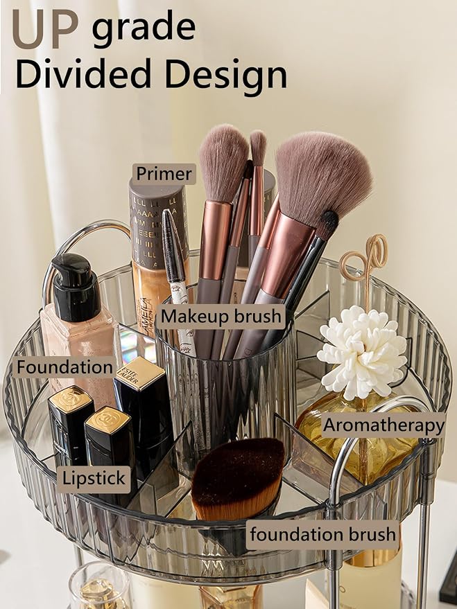 Asayuee 360 Rotating Makeup Organizer,2 Tier Large Capacity Make Up Organizers and Storage,Skincare Perfume Vanity Organizers,Bathroom Cosmetics Storage Organizer Countertop(Grey)