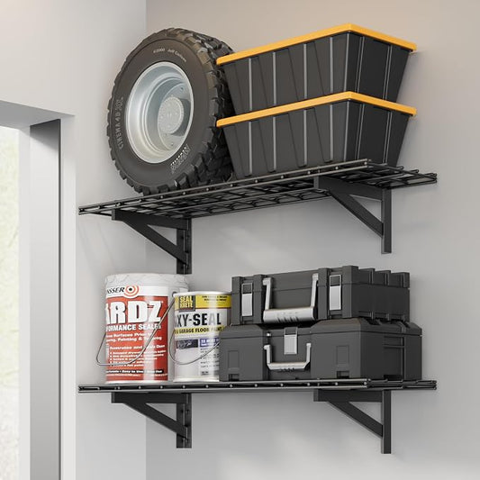 Jusgym 2 Pack Wall Mounted Garage Shelving, 1x4ft, 700lbs Integrated Grid | Wall Mounted Floating Design, 12"x96" Storage Rack, No Splice Seamless Structure, Rustproof Black Coating for Garage Workshop