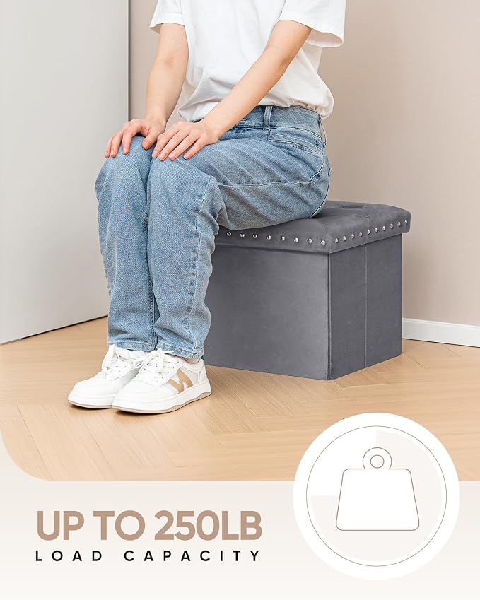B FSOBEIIALEO Storage Ottoman Cube Folding Tufted Ottomans, Storage Boxes Footrest for Bedroom, Luxury Velvet Fabric 16.5 * 12.6 * 12.6 Inches Grey